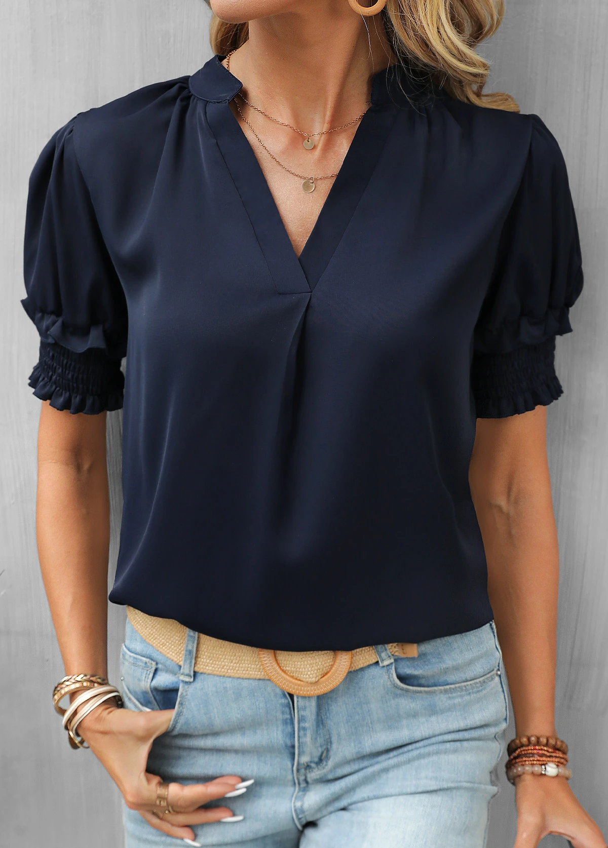 Navy Smocked Short Sleeve V Neck Blouse 7 Navy Smocked Short Sleeve V Neck Blouse - Image 5