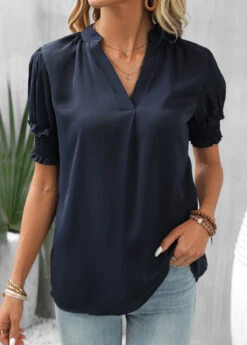 Navy Smocked Short Sleeve V Neck Blouse 9 Navy Smocked Short Sleeve V Neck Blouse -UrbanLayer Store 329939 P 16842028218340