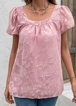 Pink Ruched Short Sleeve Square Neck Blouse