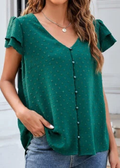 Green Ruffle Short Sleeve V Neck Blouse