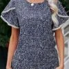 Navy Patchwork Polka Dot Short Sleeve Blouse -UrbanLayer Store 329956 P 1679475333117