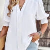 White Smocked Half Sleeve Split Neck Blouse -UrbanLayer Store 329957 P 1679475188158