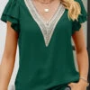 Green Patchwork Short Sleeve V Neck Blouse -UrbanLayer Store 329963 P 1679475305100