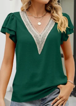 Green Patchwork Short Sleeve V Neck Blouse
