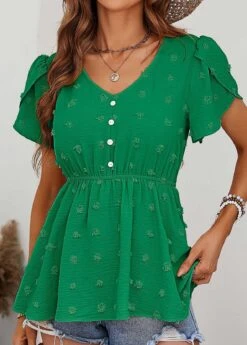 Green Button Short Sleeve V Neck Blouse -UrbanLayer Store 330135 P 1679565001557