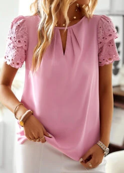 Pink Patchwork Short Sleeve Round Neck Blouse 8 Pink Patchwork Short Sleeve Round Neck Blouse -UrbanLayer Store 330137 P 1679565040787