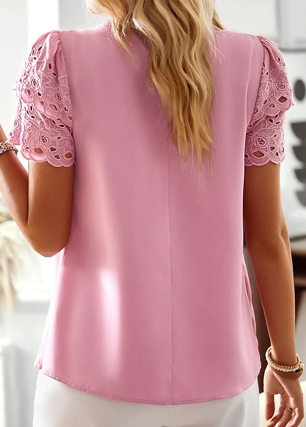 Pink Patchwork Short Sleeve Round Neck Blouse 4 Pink Patchwork Short Sleeve Round Neck Blouse - Image 2