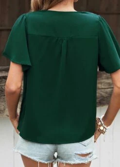 Turquoise Button Short Sleeve V Neck Blouse -UrbanLayer Store 330295 P 1681978707190