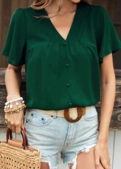 Turquoise Button Short Sleeve V Neck Blouse -UrbanLayer Store 330295 P 1681978708899