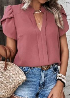 Dark Reddish Purple Patchwork Short Sleeve Blouse -UrbanLayer Store 330297 P 1679901399247