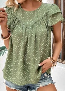 Green Button Polka Dot Short Sleeve Blouse
