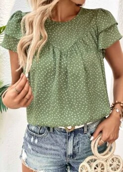 Green Button Polka Dot Short Sleeve Blouse -UrbanLayer Store 330298 P 1679901436937