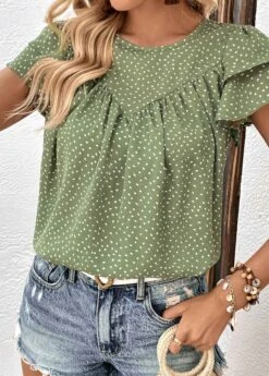Green Button Polka Dot Short Sleeve Blouse -UrbanLayer Store 330298 P 1679901437289