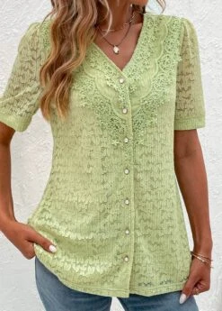 Green Lace Short Sleeve V Neck Blouse -UrbanLayer Store 330367 P 16841475180544