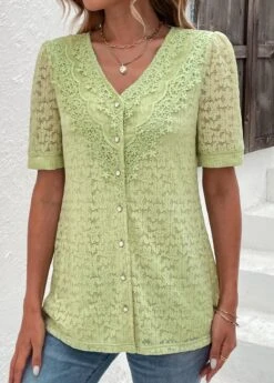 Green Lace Short Sleeve V Neck Blouse -UrbanLayer Store 330367 P 16841475180833