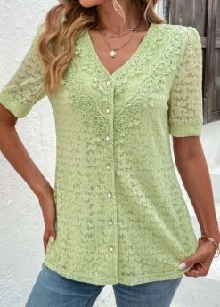 Green Lace Short Sleeve V Neck Blouse