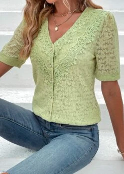 Green Lace Short Sleeve V Neck Blouse -UrbanLayer Store 330367 P 16841475181745