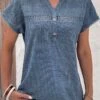 Dusty Blue Lace Short Sleeve Split Neck Blouse -UrbanLayer Store 330369 P 16867429318370