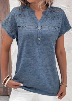 Dusty Blue Lace Short Sleeve Split Neck Blouse
