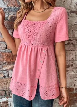 Pink Button Short Sleeve Square Neck Blouse -UrbanLayer Store 330470 P 16835949210234