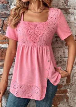 Pink Button Short Sleeve Square Neck Blouse -UrbanLayer Store 330470 P 16835949213115