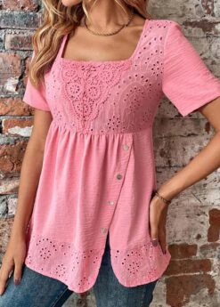 Pink Button Short Sleeve Square Neck Blouse -UrbanLayer Store 330470 P 16835949214343