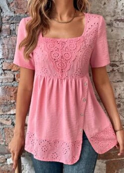 Pink Button Short Sleeve Square Neck Blouse