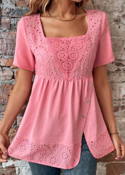 Pink Button Short Sleeve Square Neck Blouse -UrbanLayer Store 330470 P 16835949217872