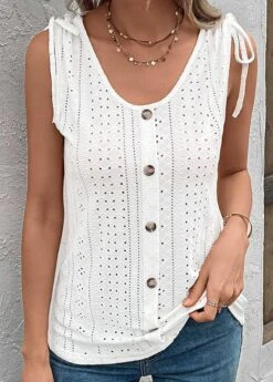 White Button Scoop Neck Tank Top