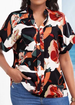 Multi Color Split Floral Print Short Sleeve Blouse -UrbanLayer Store 330918 P 16838872412263