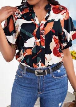 Multi Color Split Floral Print Short Sleeve Blouse -UrbanLayer Store 330918 P 16838872416324