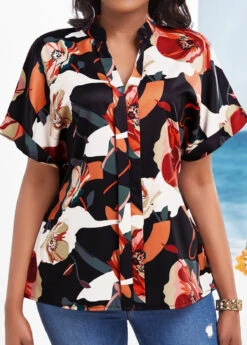 Multi Color Split Floral Print Short Sleeve Blouse