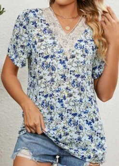Light Blue Patchwork Floral Print Short Sleeve Blouse -UrbanLayer Store 330972 P 1680573294253