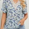 Light Blue Patchwork Floral Print Short Sleeve Blouse -UrbanLayer Store 330972 P 1680573294747