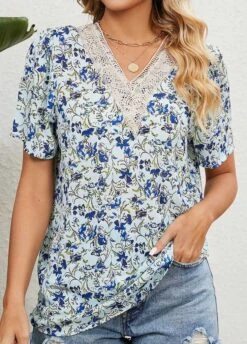 Light Blue Patchwork Floral Print Short Sleeve Blouse