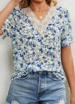 Light Blue Patchwork Floral Print Short Sleeve Blouse -UrbanLayer Store 330972 P 1680573295517