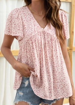 Pink Smocked Ditsy Floral Print Short Sleeve Blouse