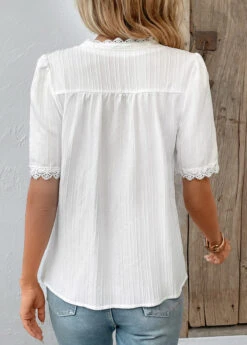 White Patchwork Short Sleeve V Neck Blouse 9 White Patchwork Short Sleeve V Neck Blouse -UrbanLayer Store 331053 P 16833404576531