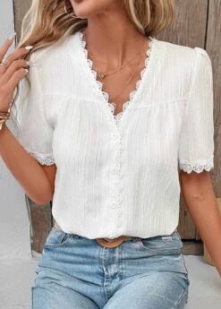 White Patchwork Short Sleeve V Neck Blouse 12 White Patchwork Short Sleeve V Neck Blouse -UrbanLayer Store 331053 P 16833404577314