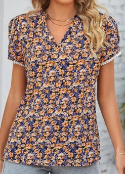 Multi Color Patchwork Ditsy Floral Print Blouse