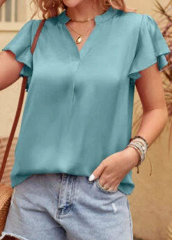 Neon Blue Smocked Short Sleeve V Neck Blouse -UrbanLayer Store 331605 P 1681265738527