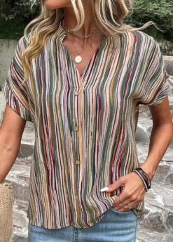 Green Button Striped Short Sleeve Blouse