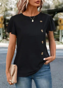 Black Button Short Sleeve Round Neck T Shirt