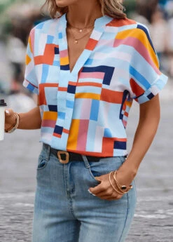 Multi Color Lightweight Geometric Print Short Sleeve Blouse 13 Multi Color Lightweight Geometric Print Short Sleeve Blouse -UrbanLayer Store 331698 P 16831998480255