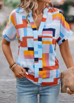 Multi Color Lightweight Geometric Print Short Sleeve Blouse 11 Multi Color Lightweight Geometric Print Short Sleeve Blouse -UrbanLayer Store 331698 P 16831998480333