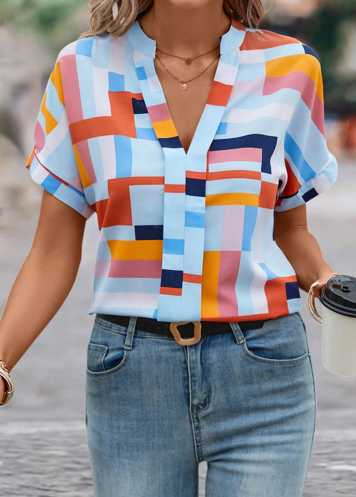Multi Color Lightweight Geometric Print Short Sleeve Blouse 7 Multi Color Lightweight Geometric Print Short Sleeve Blouse - Image 5