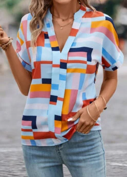 Multi Color Lightweight Geometric Print Short Sleeve Blouse 10 Multi Color Lightweight Geometric Print Short Sleeve Blouse -UrbanLayer Store 331698 P 16831998488112