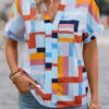 Multi Color Lightweight Geometric Print Short Sleeve Blouse -UrbanLayer Store 331698 P 16831998488490
