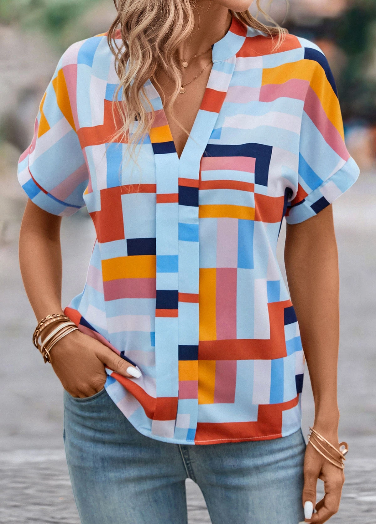 Multi Color Lightweight Geometric Print Short Sleeve Blouse 3 Multi Color Lightweight Geometric Print Short Sleeve Blouse