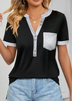 Black Pocket Short Sleeve Split Neck T Shirt -UrbanLayer Store 331789 P 1681456716474